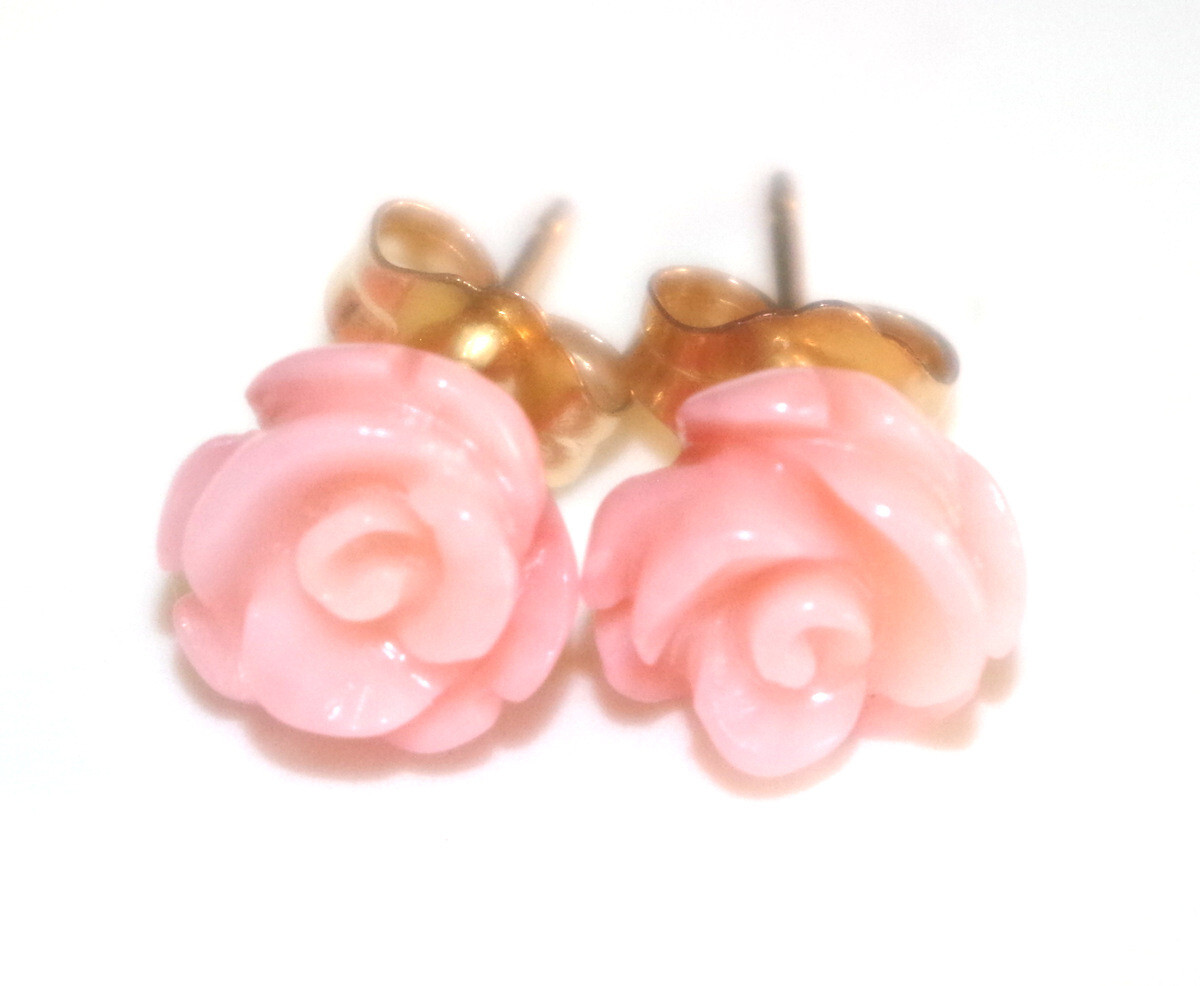Gem Quality 14K GF Carved Rose Flower Pink Angel Skin Coral Stud Earrings