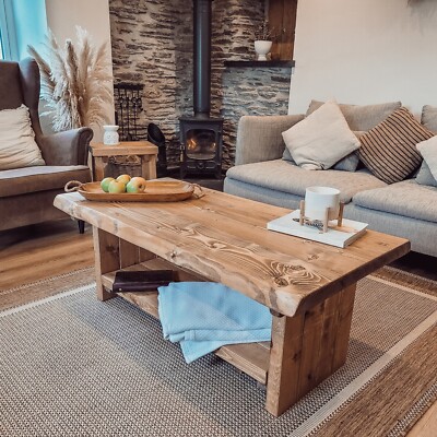 Waney Live Edge Chunky Coffee Table Rustic Solid Wood With Shelf