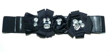 New York Company Stretch Black Belt Applique Flowers Gems Embellished
