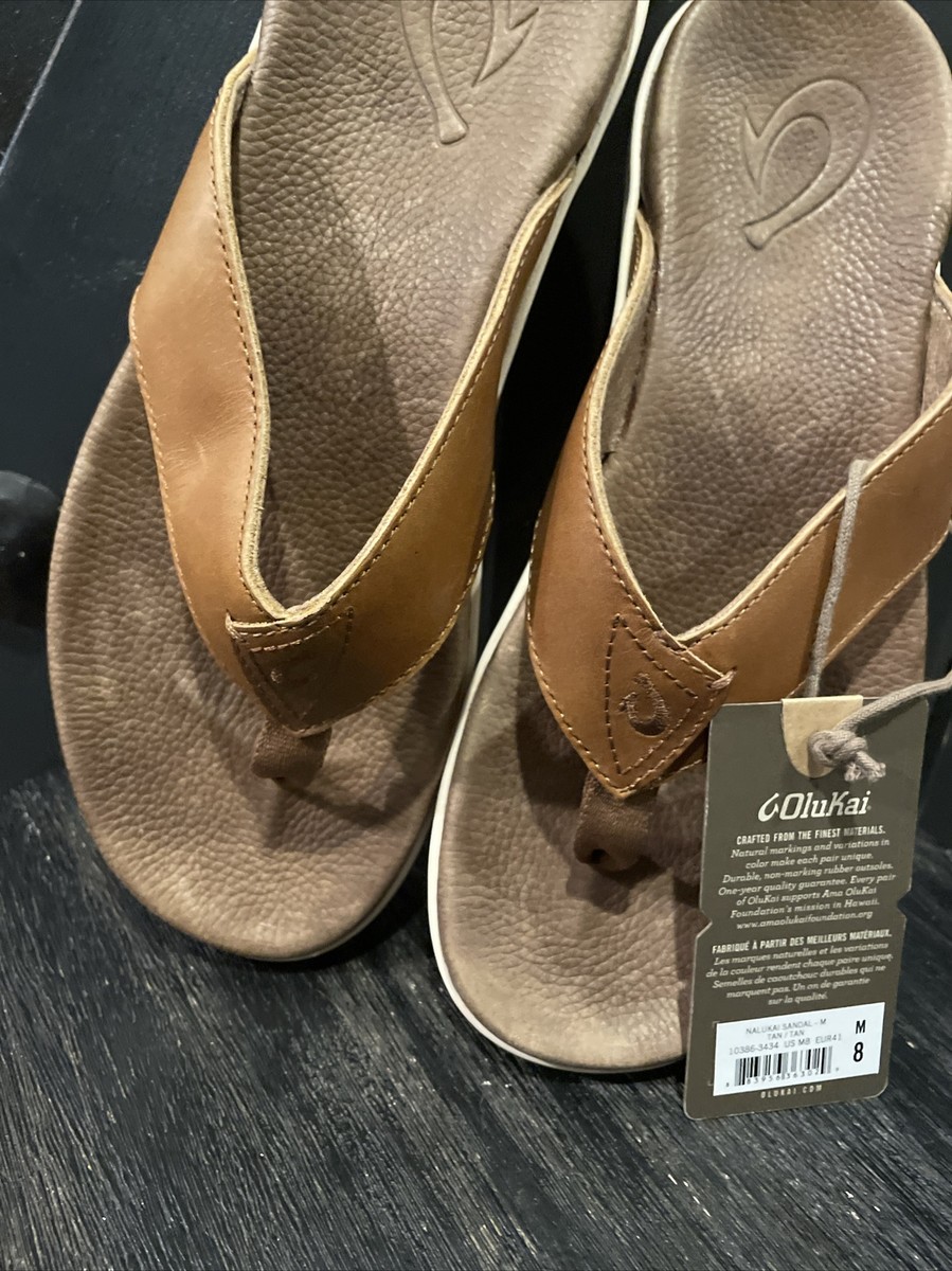 Olukai Nalukai Tan Leather Beach Flip Flop Sandals Shoes 