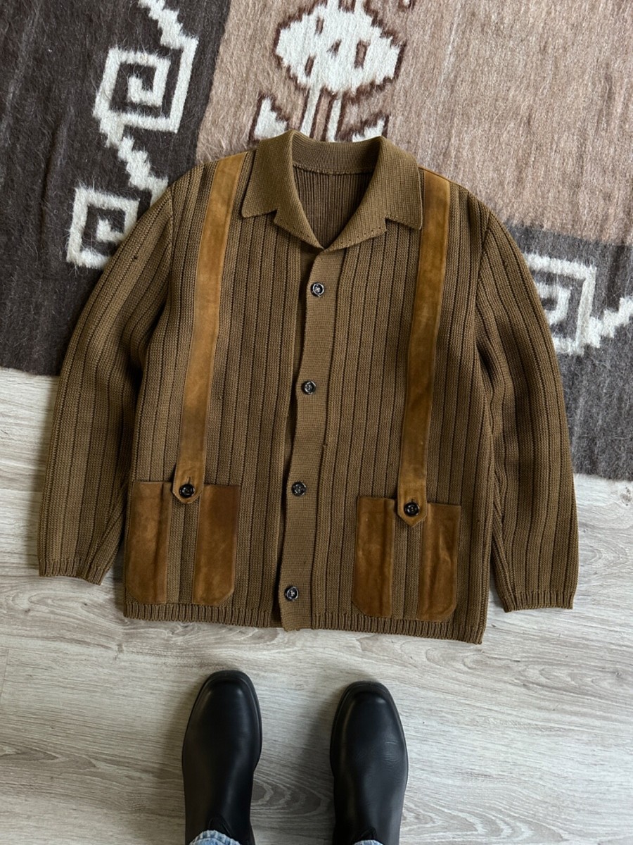 Vintage 60s French Wool Knitted Leather Brown Cardigan Sweater 