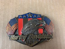 Vintage 80s Harley Davidson Belt Buckle Eagle D 88 Siskiyou Harmony USA Flag Red