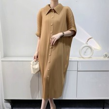 Pleated Dress Women Loose Fit Outfit Single Breasted Bat Sleeve Half Sleeve