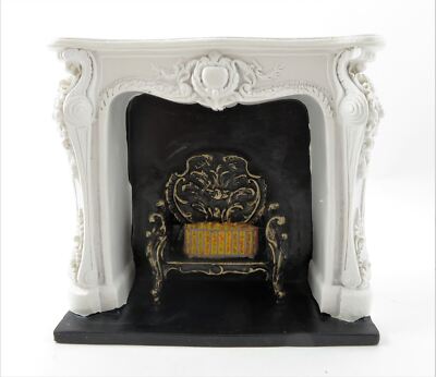 Dollhouse Rococo White Fireplace with Black & Gold Grate Resin 1:12 Furniture