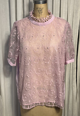 Kalftine Womens Pink Embroidered Netting S Sleeve Blouse Sz XXL NWT