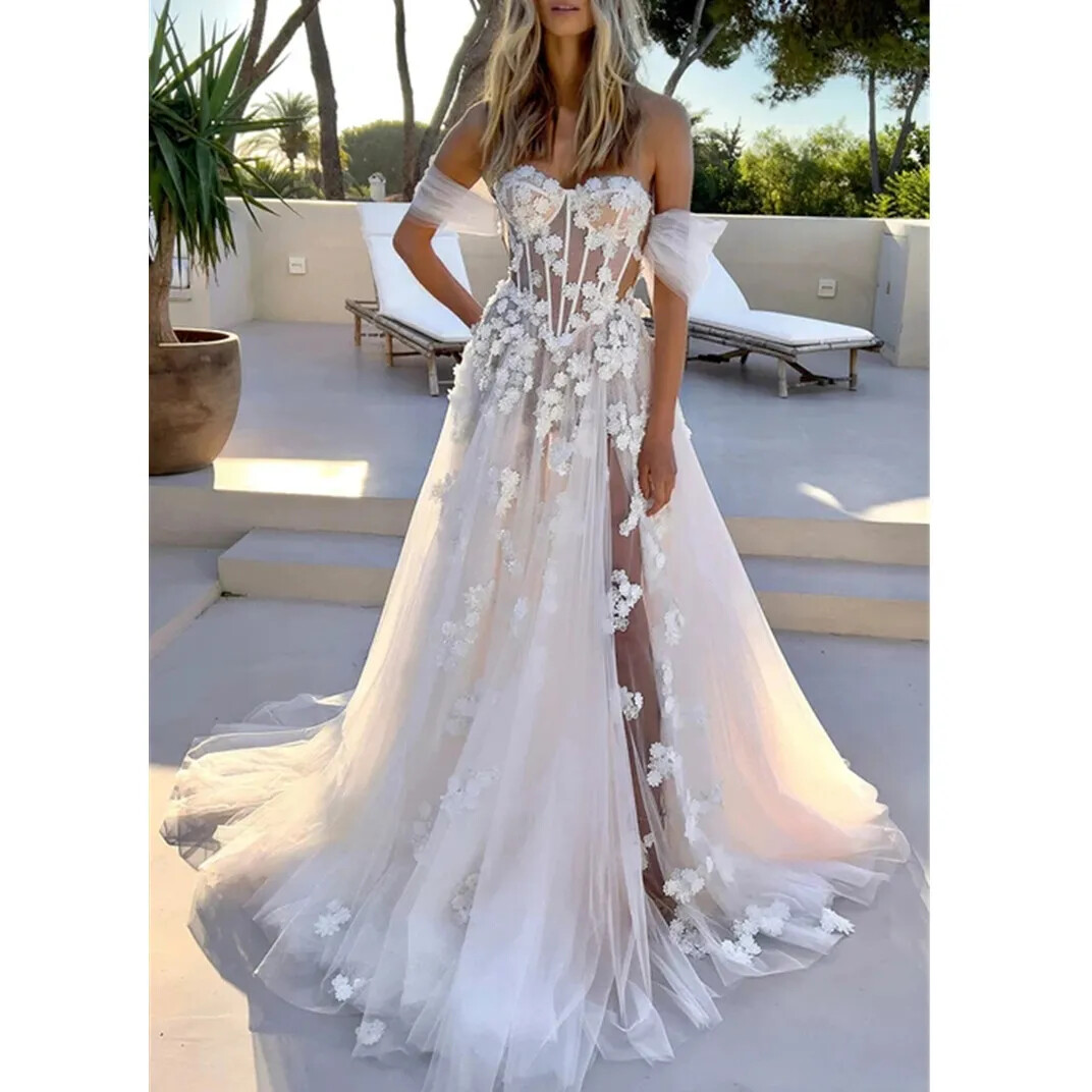 Lace Wedding Dresses Beach Tulle Women Appliques V-Neck A-Line Bridal Gown | eBay Lace Wedding Dresses Beach Tulle Women Appliques V-Neck A-Line Bridal Gown | eBay