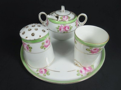 Rising Sun Nippon Pink Rose Porcelain Condiment Set ca 1911  - (#77-10)