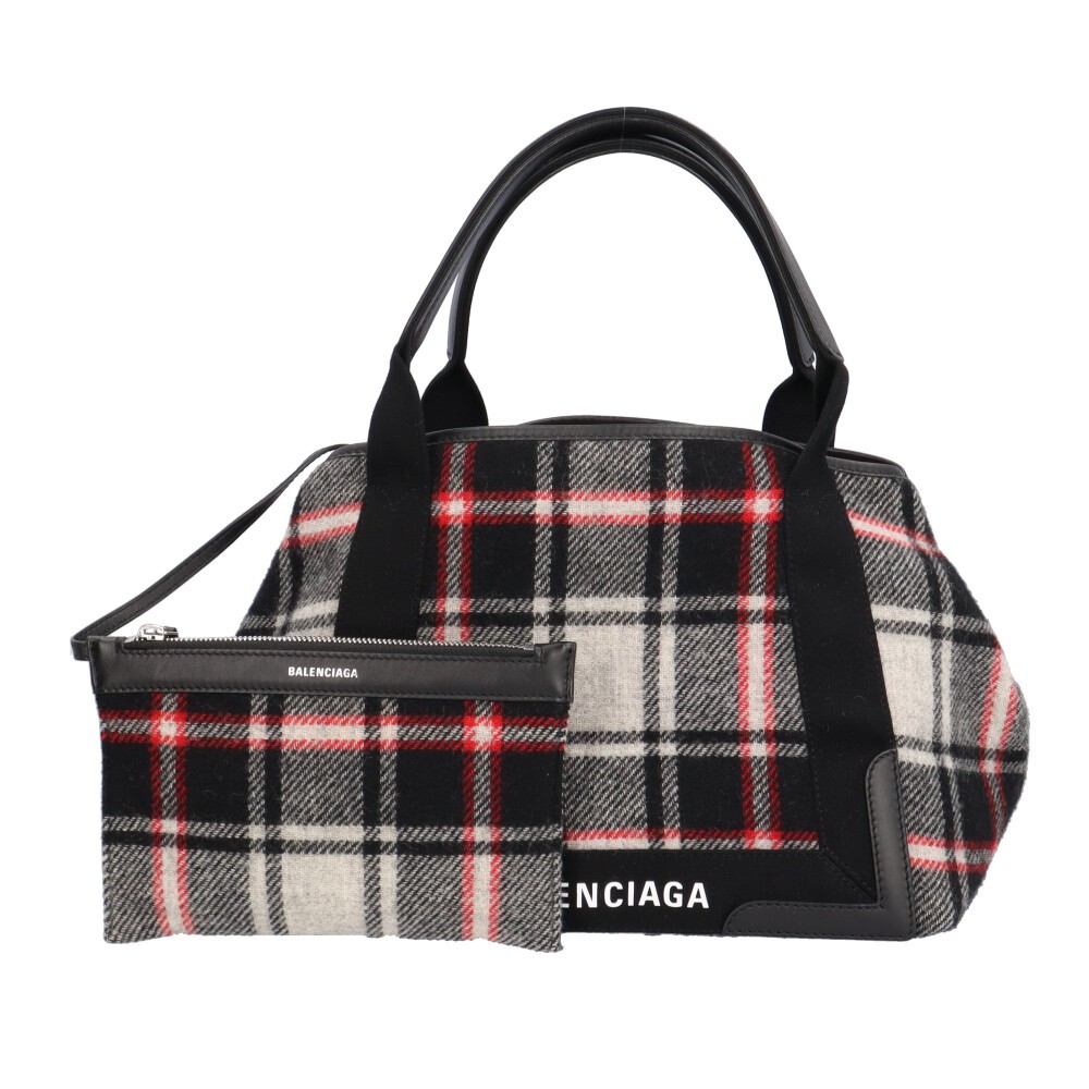 BALENCIAGA tartan check pattern Handbag 339933 wool Navy Cabas S used