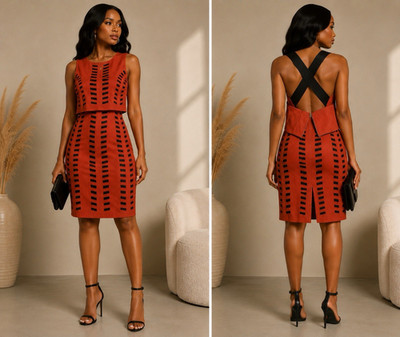 Akira Women s M Rust Orange/Black Sleeveless Cutout Sheath Round Neck Knee Dress