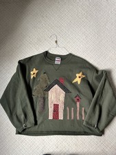 Vintage Jerzees Christmas Cozy Cabin Sweatshirt Green Patchwork Grannycore Sz L