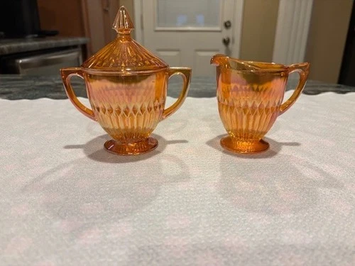 Carnival Depression Iridescent Marigold Glass Creamer Sugar w/Lid-Discolorations