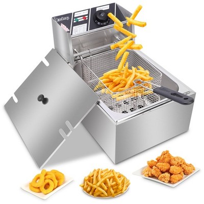 2500W 6L Electric Deep Fryer Single Tank Countertop Stainless Steel 110V US Plug