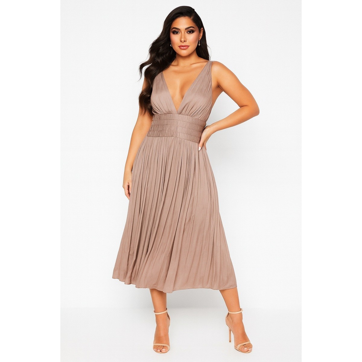 reiss pleated midi dress REISS Taupe V Neck Pleated Midi Dress Women US Size 8 NWT