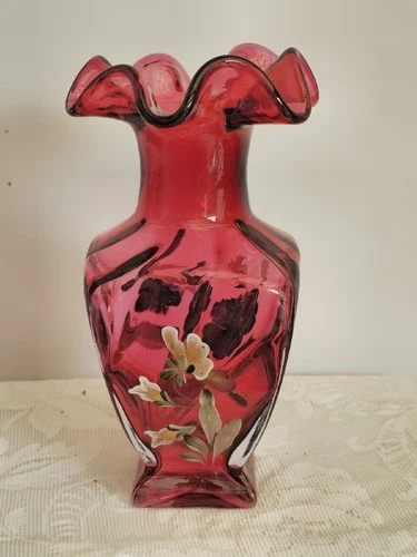 Fenton Pure Gold Pansies On Cranberry Square Vase 1997