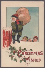 Santa Claus Christmas postcard brown suit red cap doubts pack v chimney c 1910
