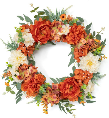 22'' Silk Peony Fall Wreath for Front Door & Home Decor - Burnt Orange & Champagn