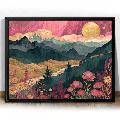 Golden Sunrise Mountainprint Floral Landschaft Natur Wanddeko 1 Kunstdruck Post