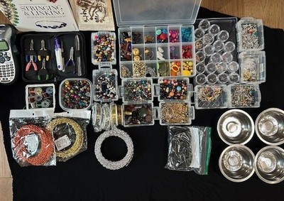 Large Lot Assorted jewelry making supplies, tag maker, tools, bowls, containers,