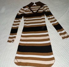 No Boundaries Brown Striped Knit Sweater Knee Dress V-Neck Long Sleeve Size M
