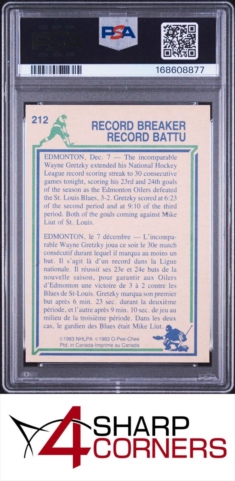 1983 O-PEE-CHEE RECORD BREAKER #212 WAYNE GRETZKY HOF PSA 8 view 2