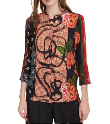 DESIGUAL Jenica Women Blouse L Colourful Ethnic Print Button 3/4 Roll Sleeve *