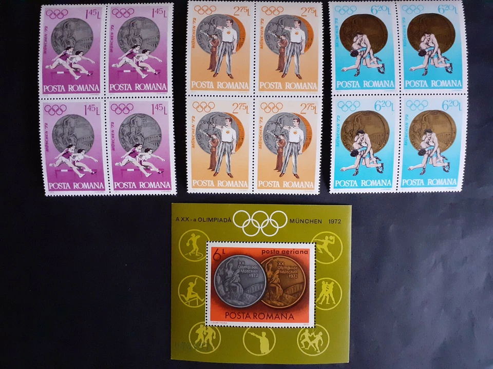1972 -Romênia-Esporte - Medalhas de ouro olímpicas Munchen, Mi.3060-3065+Bk.100, sem marca de charneira - Imagem 2 de 2