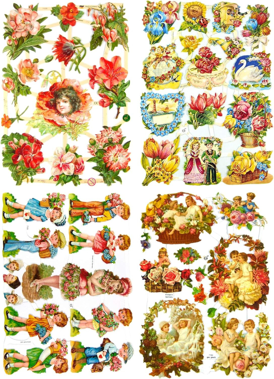 Glanzbilder Kinder mit Blumen Motiv Set aus 4 verschiedenen Oblaten