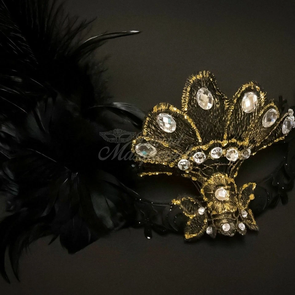 Masquerade Mask | Masquerade Mask with Feathers (black gold) - Image 4 of 4