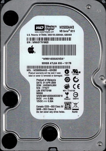 WD5000AAKS-42H2B0 MAC 655-1517B DCM: HHRNHVJMH WMASY Western Digital 500GB - 第 1/1 張圖片