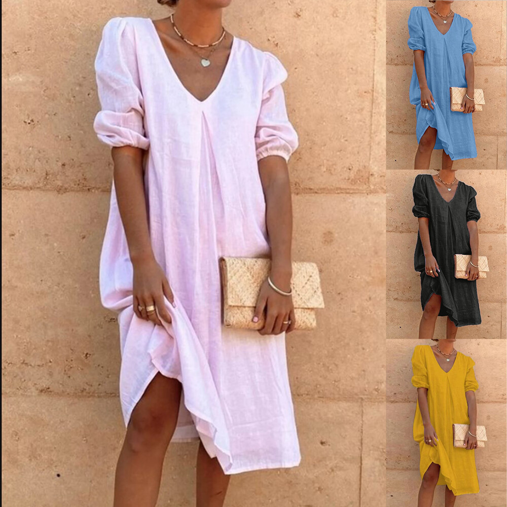 Women Cotton Linen Kaftan Sundress Ladies Summer Beach Holiday Midi Shirts  Dress