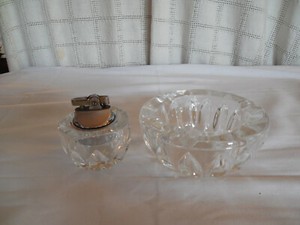Heavy crystal lighter & ashtray set nesting set nice!
