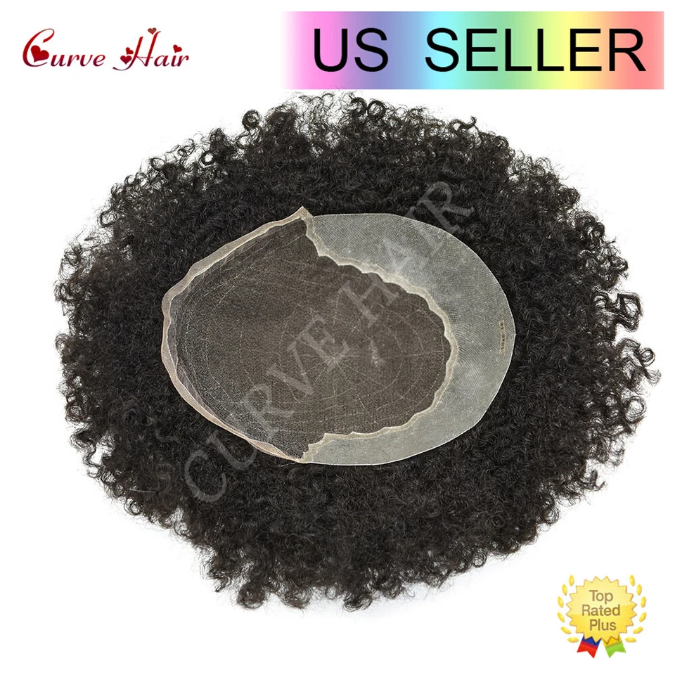 Afro Toupee for Black Men French Lace Afro Weave Kinky Curly Mens Wig Hair Units - Image 3 of 4