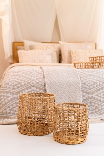 Wohndecke gemustert geometrisch beige weiß Plaid Sofadecke Boho Tagesdecke - Bild 3 von 4