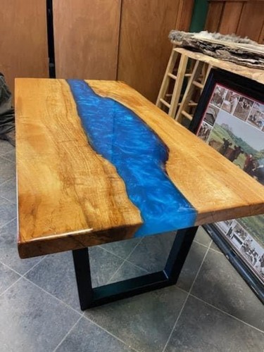 48"x24" Blue Epoxy Resin Sofa Dining Table Acacia Wooden Live Edge Hallway Decor