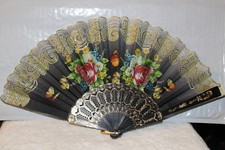 FAN  SMALL HAND TYPE FAN  WITH FLOWERS FLOWER BUTTERFLY BUTTERFLIES BLACK D1