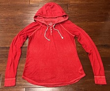 American Eagle Red Women's Medium Waffle Knit Button Henley Hoodie Sweatshirt