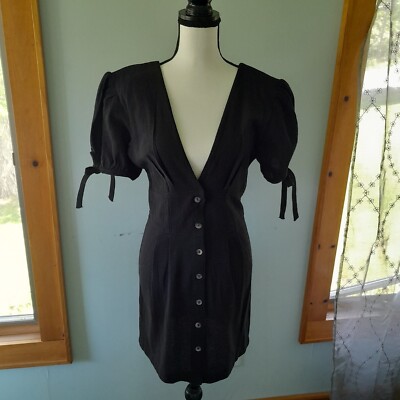 Free People Deep Plunge Linen Button Front Mini Dress med Black | eBay