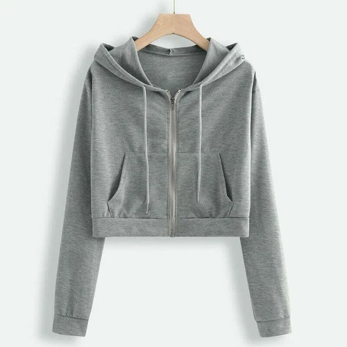 Women Hoodies Long Sleeve Zip Crop Tops Casual Basic Hooded Sweatshirt Jackets - Bild 4 von 19