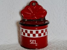 FRENCH ENAMELWARE VINTAGE SALT BOX ~ ANTIQUE RED WHITE CHECKS SEL GRANITEWARE