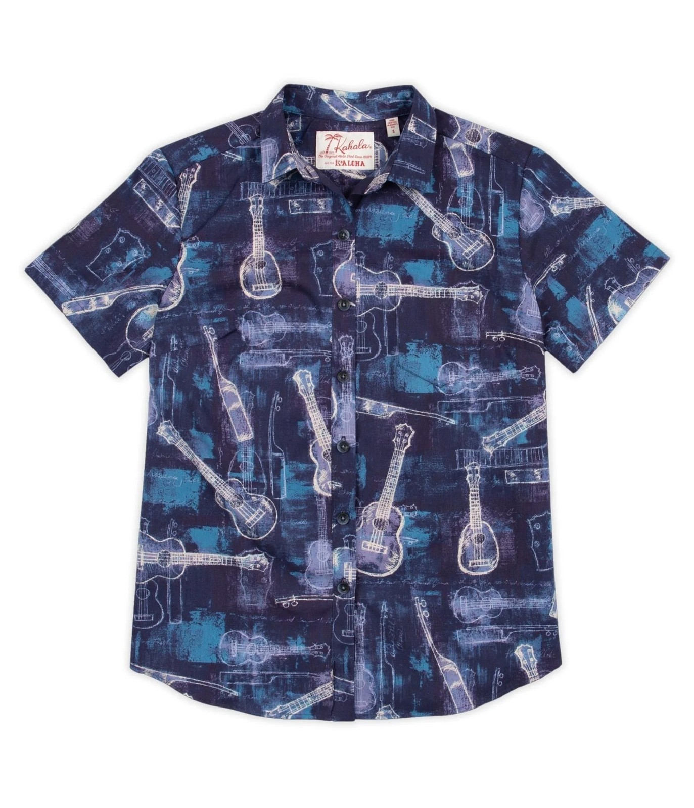 Мужская рубашка с укулеле Kahala Koaloha на пуговицах, синяя, Маленькая