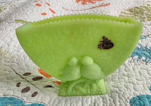 Vintage Fenton, Green Satin Glass, Lovebird, Vase/Planter, 5"!