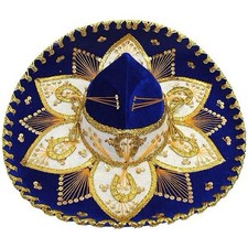 Vintage Mexican Luna Sombrero Mariachi Hat Blue  Gold Mexico Sequins 18  