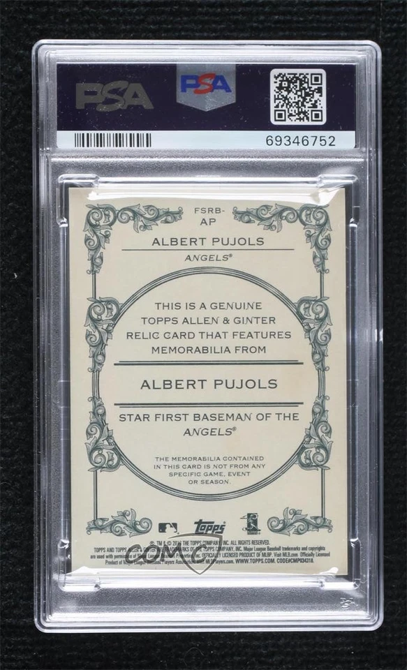 2019 Topps Allen & Ginter Relics B Albert Pujols #FSRB-AP PSA 10 GEM MT - Image 2 of 2