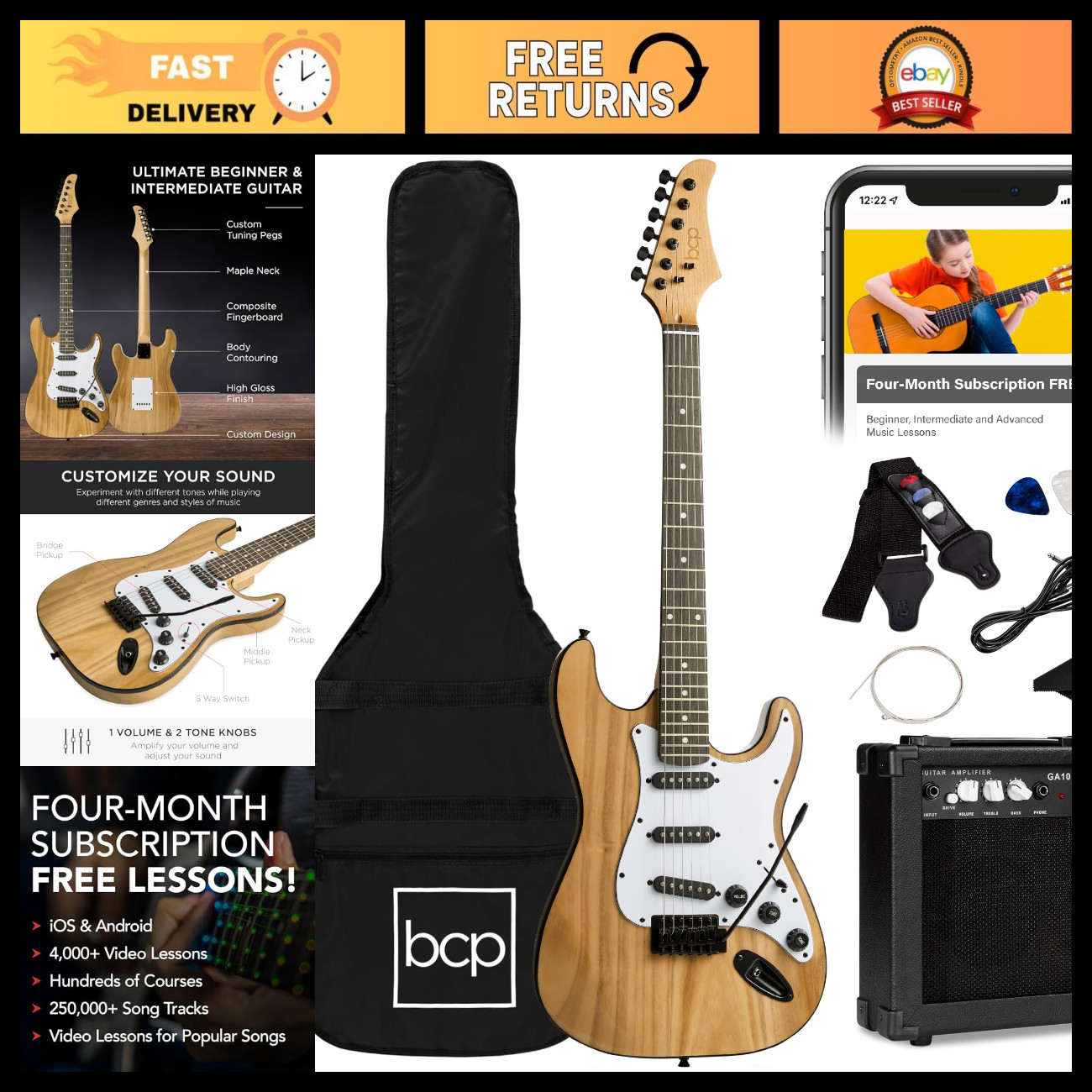 39" Full Size Beginner Electric Guitar Starter Kit w/Case, Strap, 10W Amp, Strin