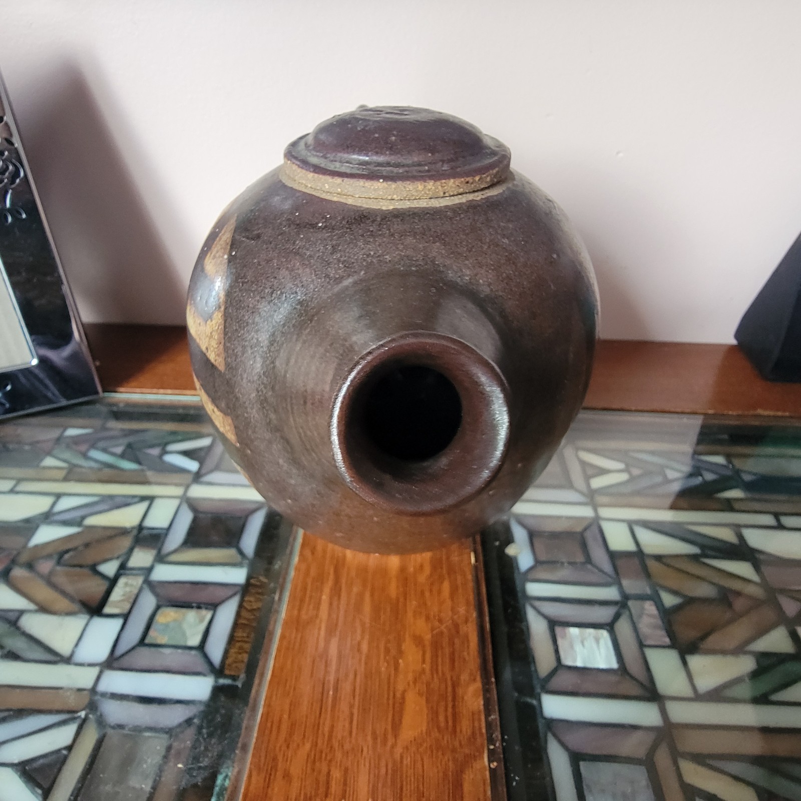 Vintage Pottery Teapot  Signed Arts And Crafts Mission Style Slip Glaze Flat Lid