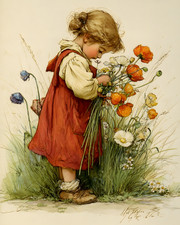 8x10 Cozy Storybook Little Girl in Red Dress Picking Art Print - 249419806