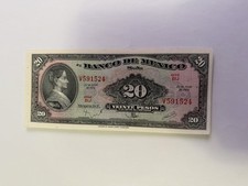 Mexican Bank Note: El Banco de Mexico S.A. 1970 20 Pesos Serie BIJ No. V591524