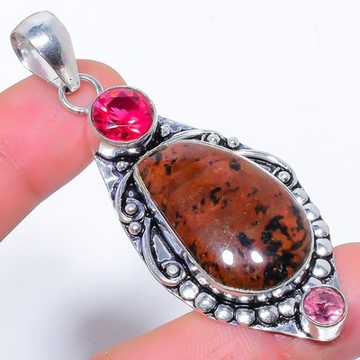 Natural Mahogany Obsidian & Rubellite 925 Silver Plated Pendant 2.7'' T2779