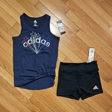 NEW ADIDAS Youth Big Girl Tank Top  Compression Short Set, Navy YM - 10/12 