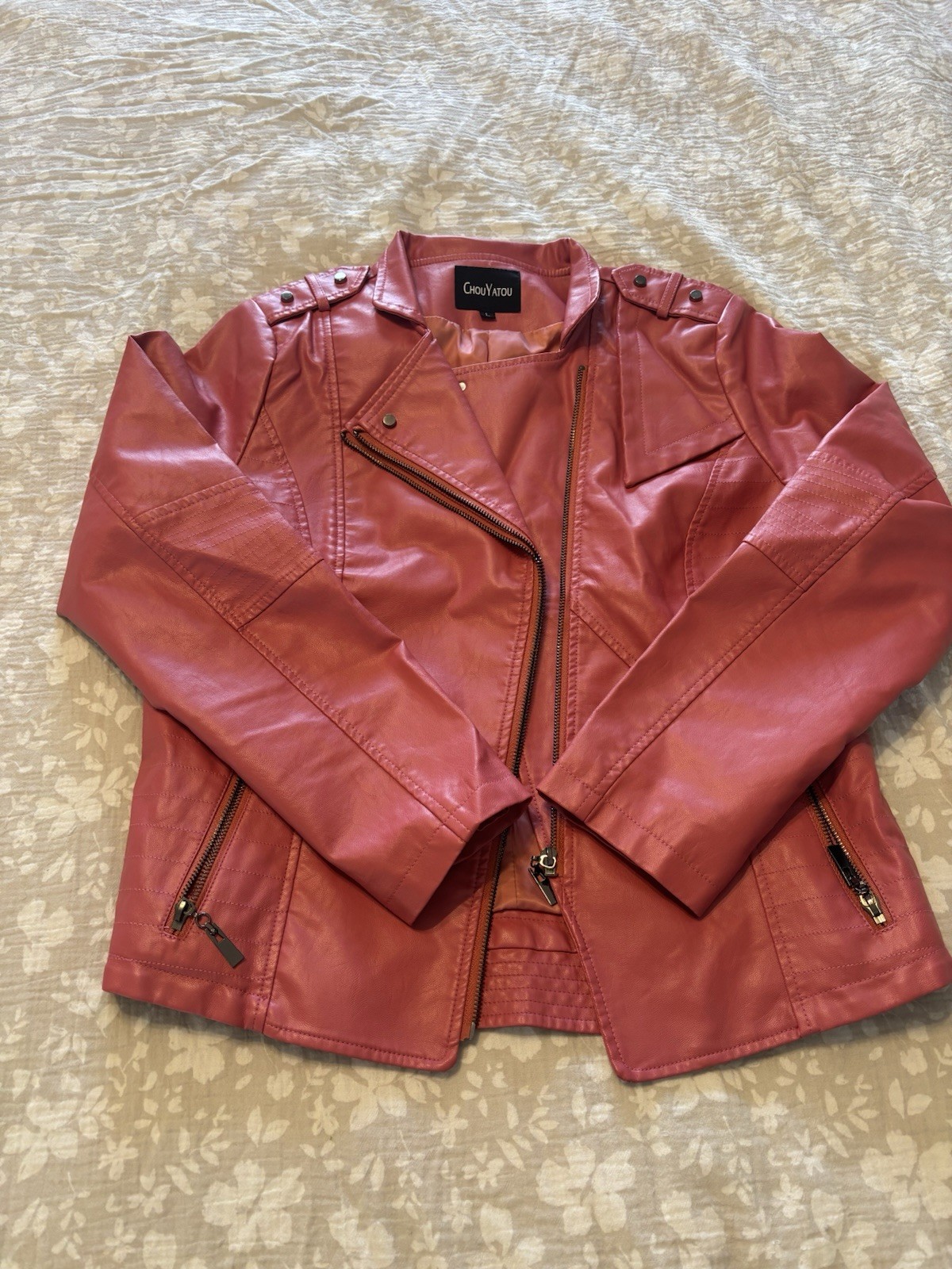 Chouyatou Women&rsquo;s Size L faux Leather Jacket Coral Pink